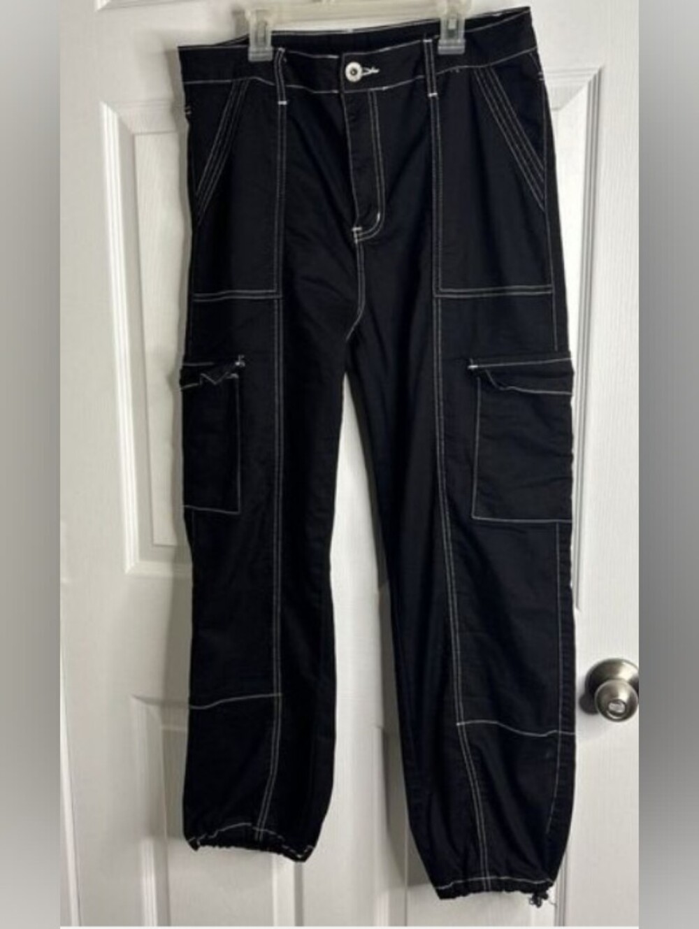 VIP Black Cargo Pants with White Contrast Stitching    Good Stretch